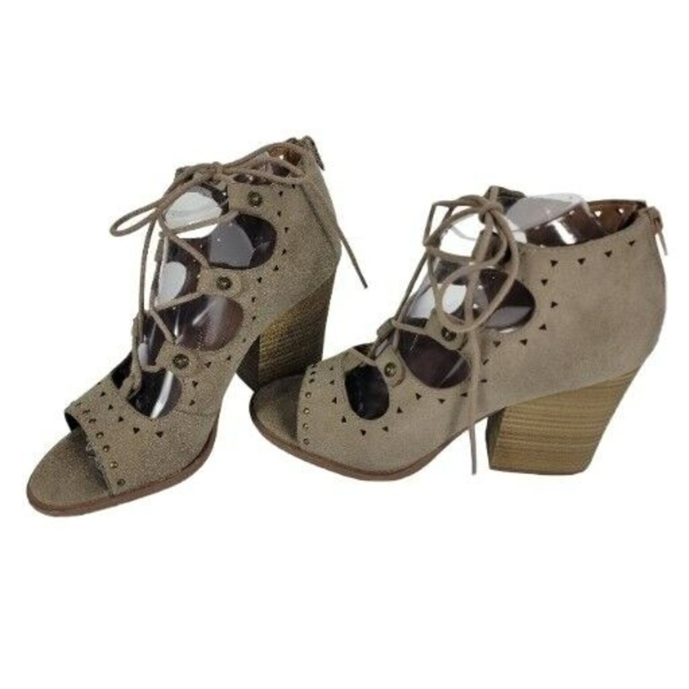 BKE‎ Sole Siren Womens Lace-Up Sandals Sz 8.5M Block Heel Taupe Faux Leather